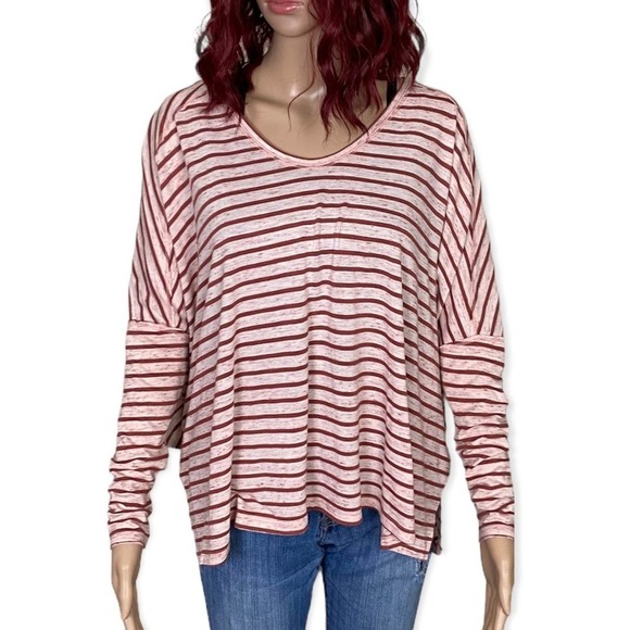 Free People Pandoras Box Striped Tee Small Red Pink Oversized Boxy - Picture 1 of 12